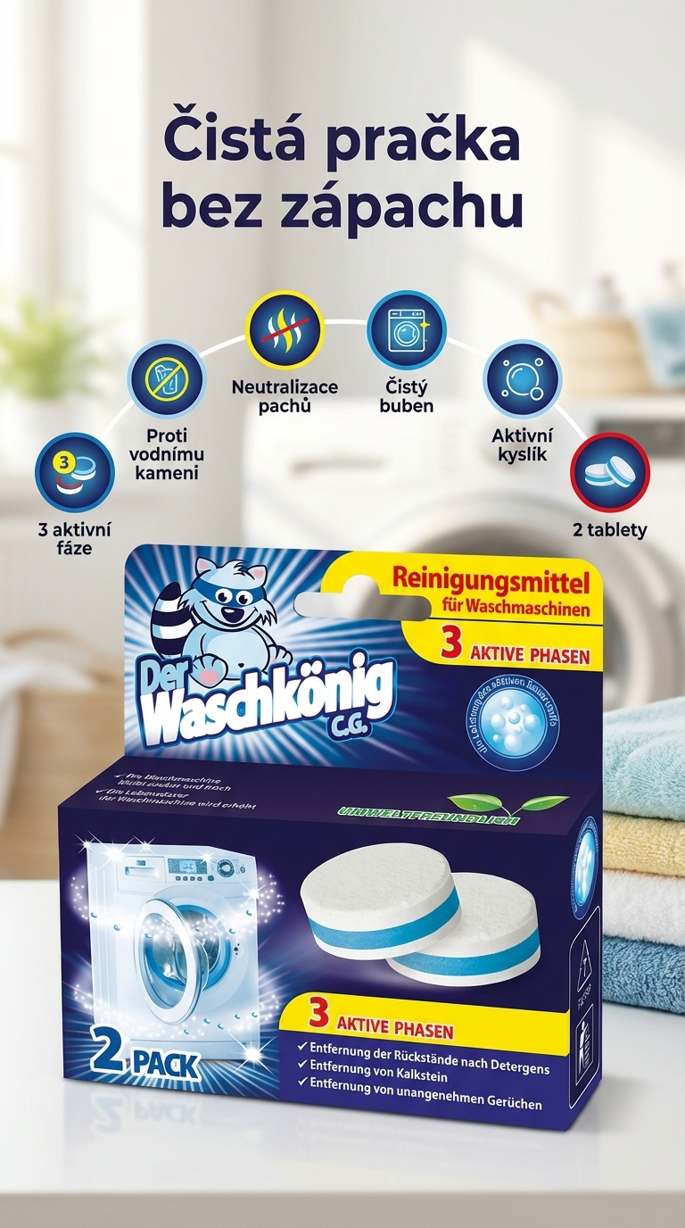Waschkönig čistič praček v tabletách 2 ks - mobilní infografika