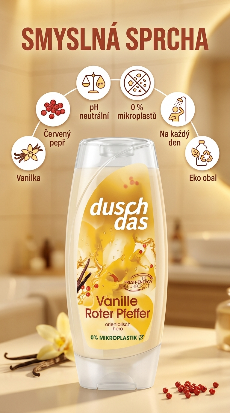 Duschdas sprchový gel s vůní vanilky a červeného pepře 225 ml - mobilní infografika