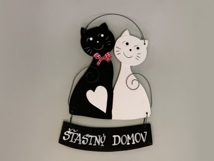 keramicka dekoracia na stenu macka a kocur s cedulkou s napisom stastny domov