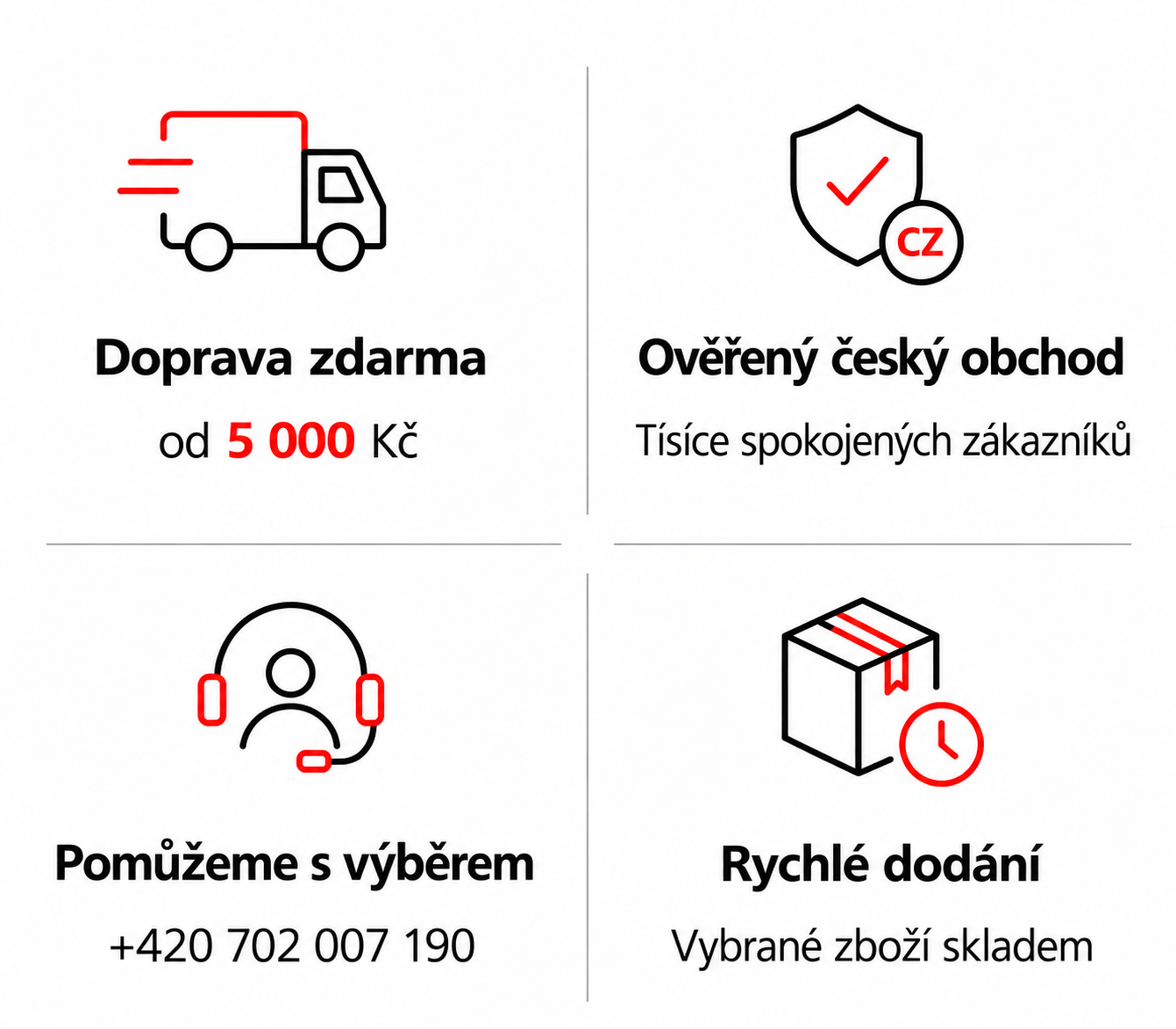 Konkurenční výhody obchodu NEONABYTEK – doprava zdarma, ověřený český obchod, pomoc s výběrem a rychlé dodání.