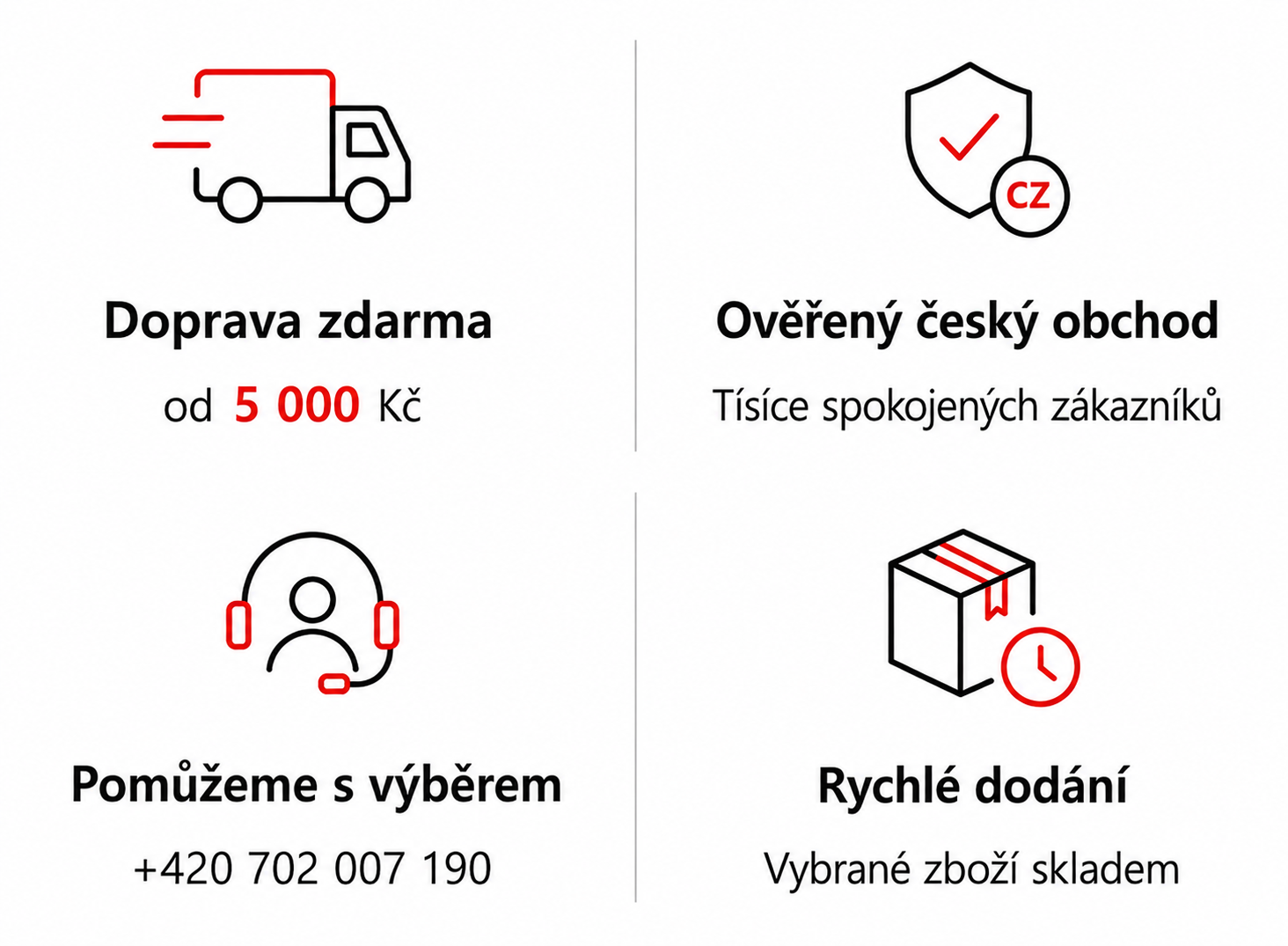 Konkurenční výhody obchodu NEONABYTEK – doprava zdarma, ověřený český obchod, pomoc s výběrem a rychlé dodání.
