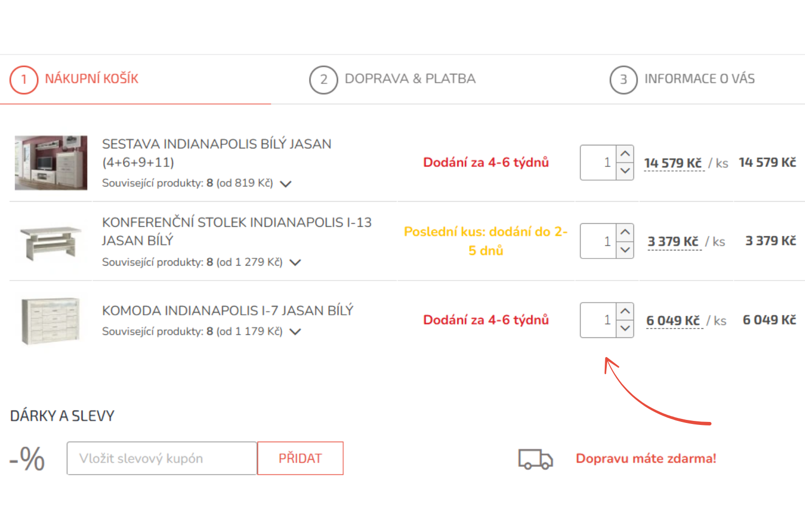 Košík – seznam položek a změna počtu kusů