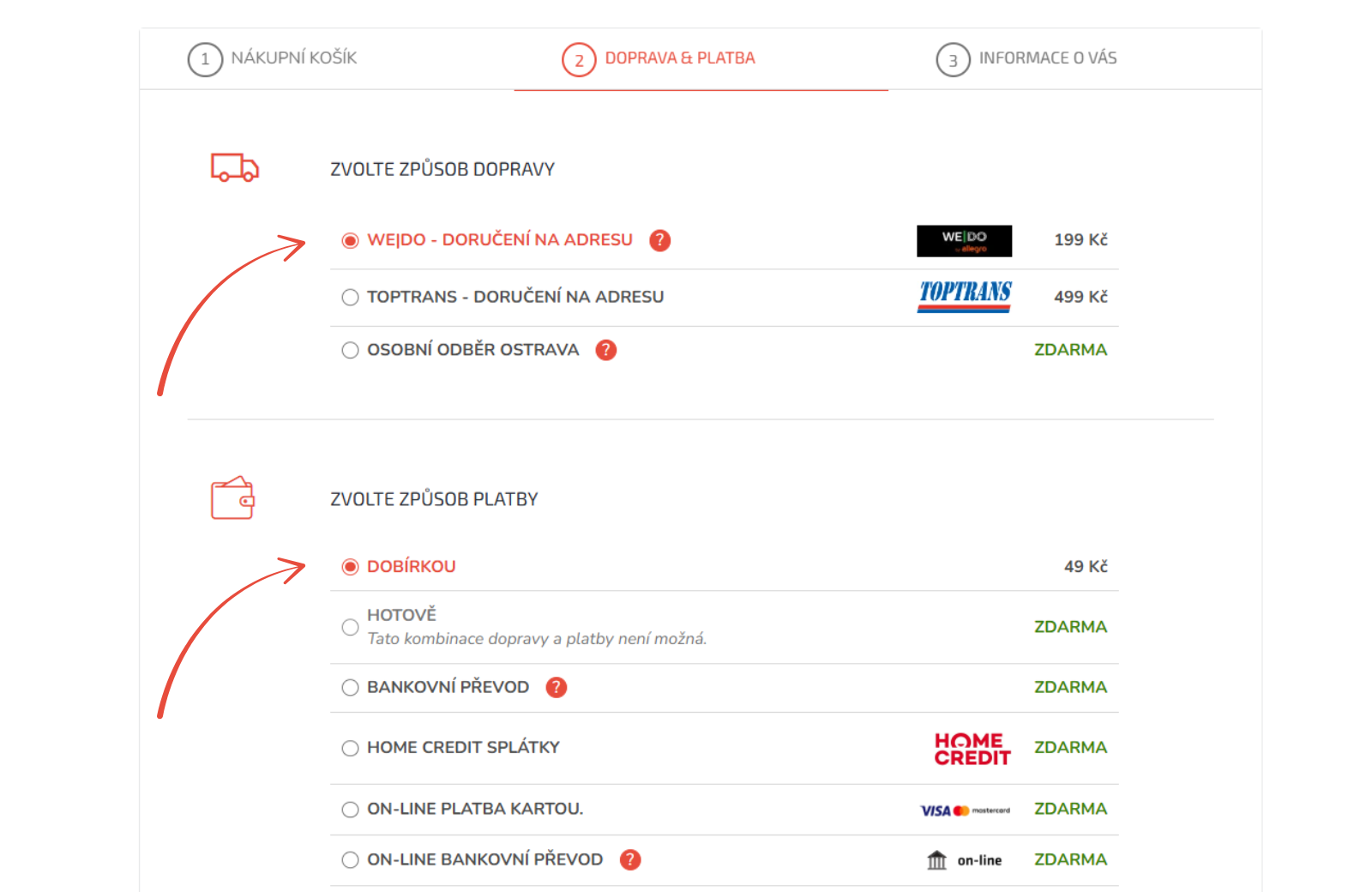 Krok doprava a platba – výběr možností