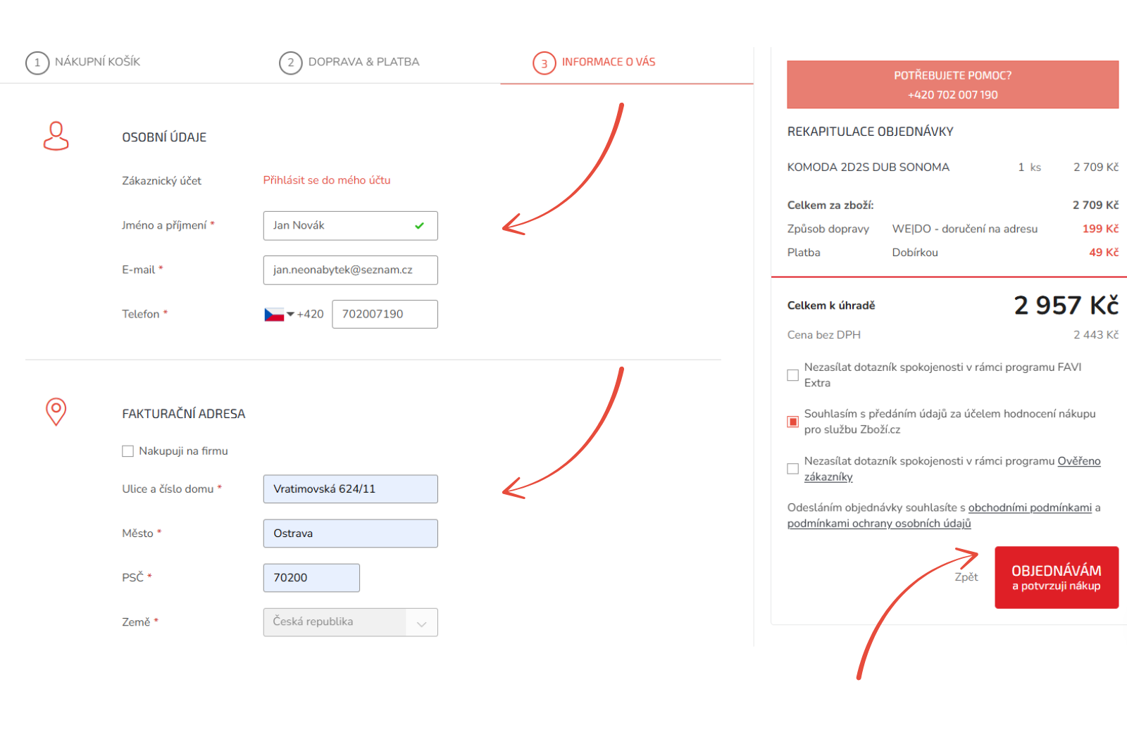 Vyplnění adresy a tlačítko Odeslat objednávku