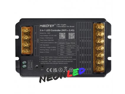 HW5 WiFi Smart LED kontrolér 5v1 pre MONO, CCT, RGB, RGBW a RGB+CCT LED, 12 - 48VDC, 30A