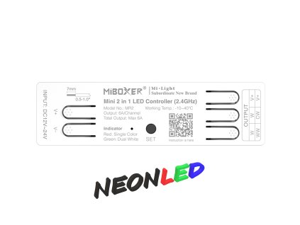 MiBoxer MR2 mini kontrolér 2 v 1 pre LED MONO / DW, 12-24VDC, 6A, RF 2,4GHz