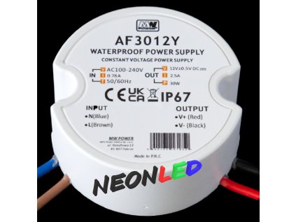 MW Power AF3012Y: Okrúhly LED zdroj 30W 12V/2,5A IP67 – Zmestí sa do krabice Ø60mm