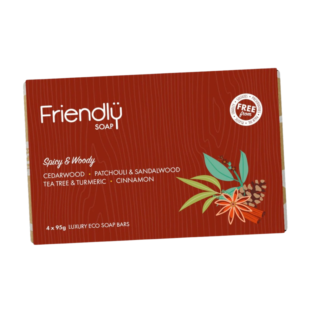 Přírodní mýdlo dárková sada mýdel Spicy Woody 4 x 95g Friendly Soap