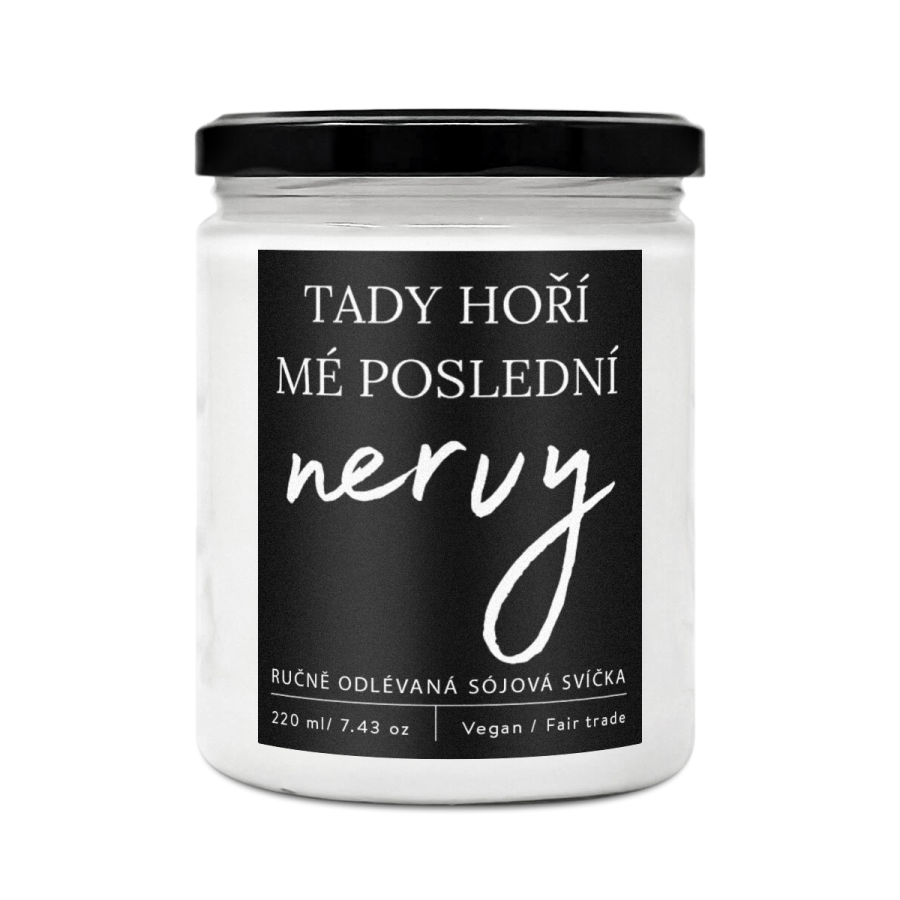 Designová handmade svíčka TADY HOŘÍ MÉ POSLEDNÍ NERVY s vůní perníkového koření 220 ml Soaphoria