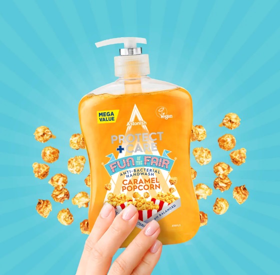 Antibakteriální tekuté mýdlo Protect and Care s vůní Karamelového popcornu 600ml Astonish