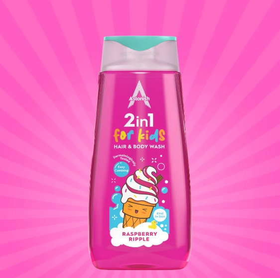 Levně Sprchový gel a šampon 2v1 pro děti s vůní malin a vanilky 400 ml Astonish