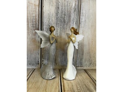 Andělka polyresin vlající vlasy bílá/šedá