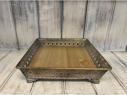 Kovový tác čtvercový se dřevem střední