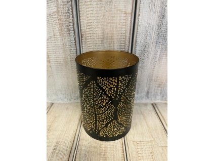 Svícen kovový s listy černo/zlatý střední