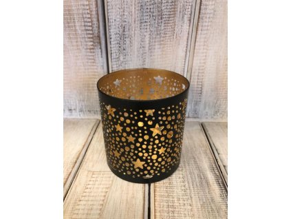 Svícen kovový s hvězdičkami černo/zlatý - malý