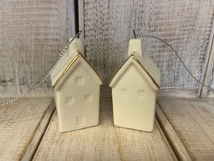 Domeček keramický bílo/zlatý 2ks-závěs
