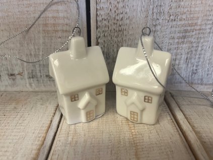 Domeček keramický bílo/zlatý 2ks - závěs