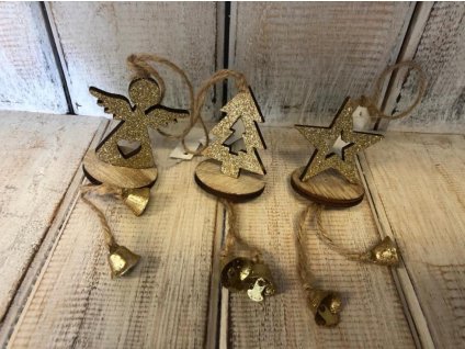 Dřevěný závěs se zvonky - stromek/hvězda/anděl