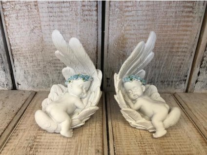 Anděl s věnečkem ležící modrý