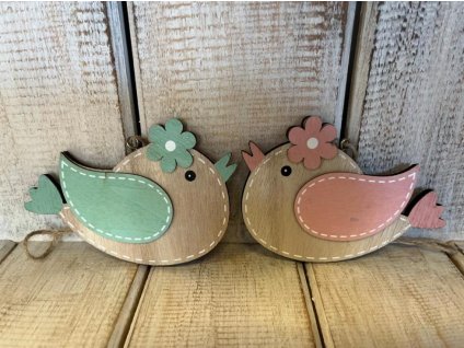 Dřevěný závěsný ptáček mix 2ks - růžový/zelený