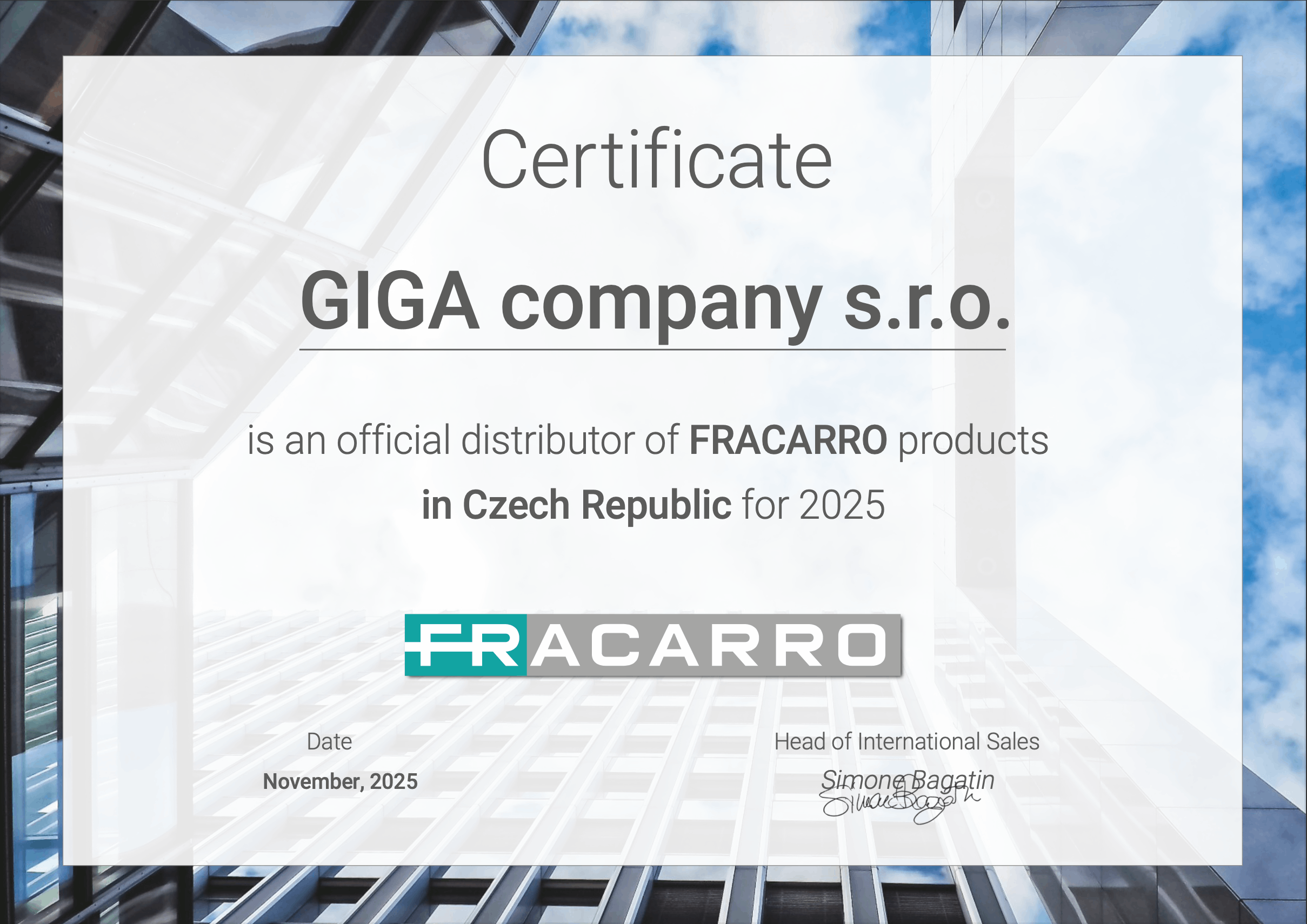 Certifikát Fracarro