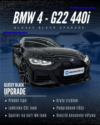 Vizuální proměna BMW 4 - G22 v glossy black provedení. Úpravy: • Přední lipo • Ledvinky CSL look • Spoiler na kufr M4 look...