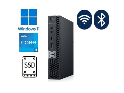 Pohled zepředu na kompaktní počítač Dell OptiPlex 7060 Micro. Malé rozměry a minimalistický design pro úsporu místa a efektivní práci v kanceláři.