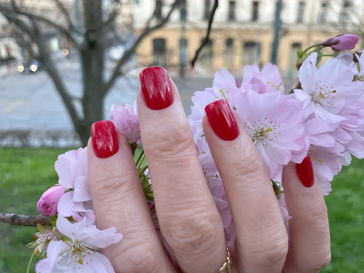 Modelka s krásnou manikúrou a červenými nehty a kvetoucí třešňový strom. Nehtové Studio NG Pedikura Praha.