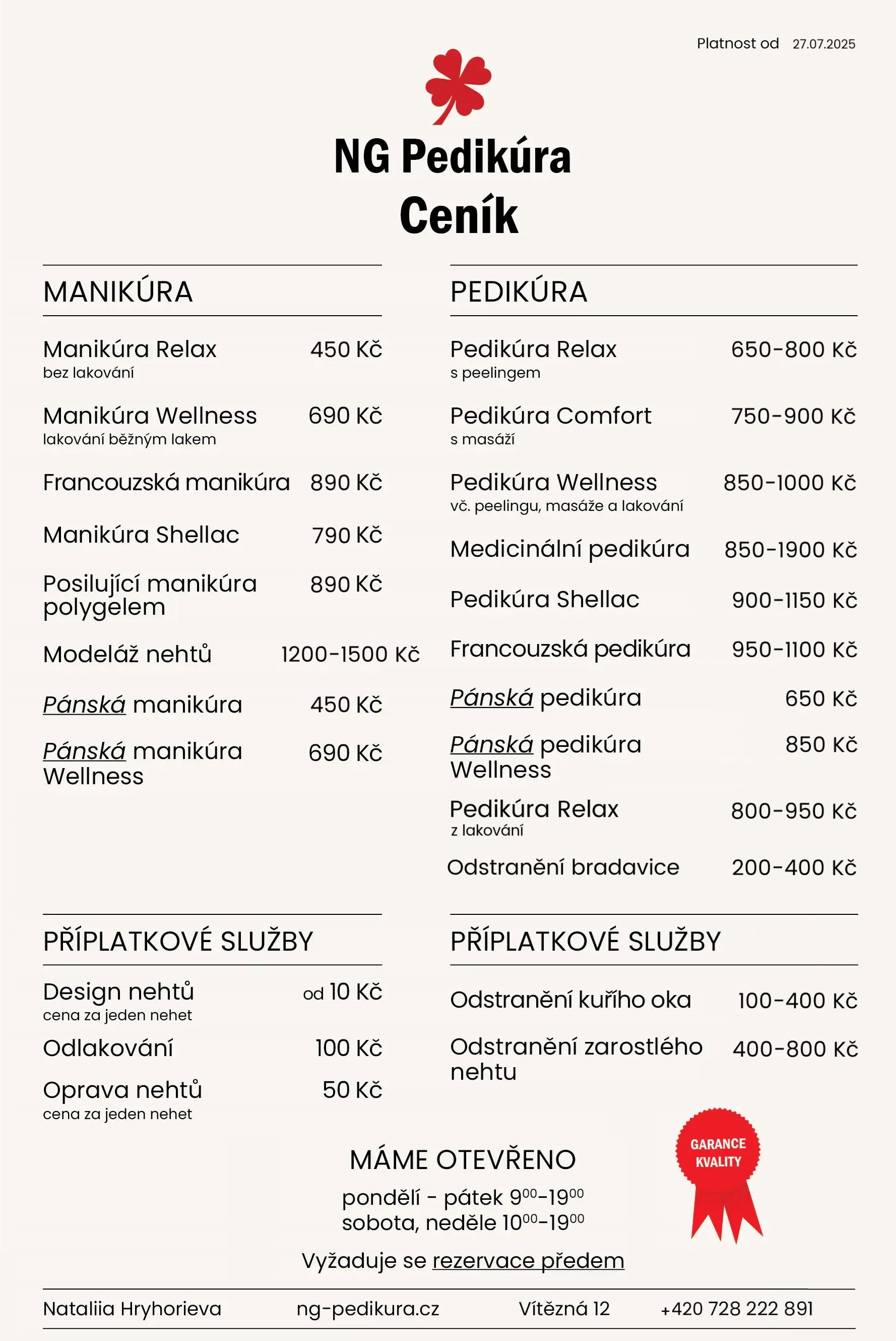 Price list of manicures and pedicures in Nail Studio NG Pedicure Prague.