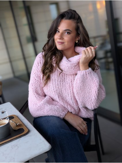 Prémiový oversize svetr rolák růžový či bílý