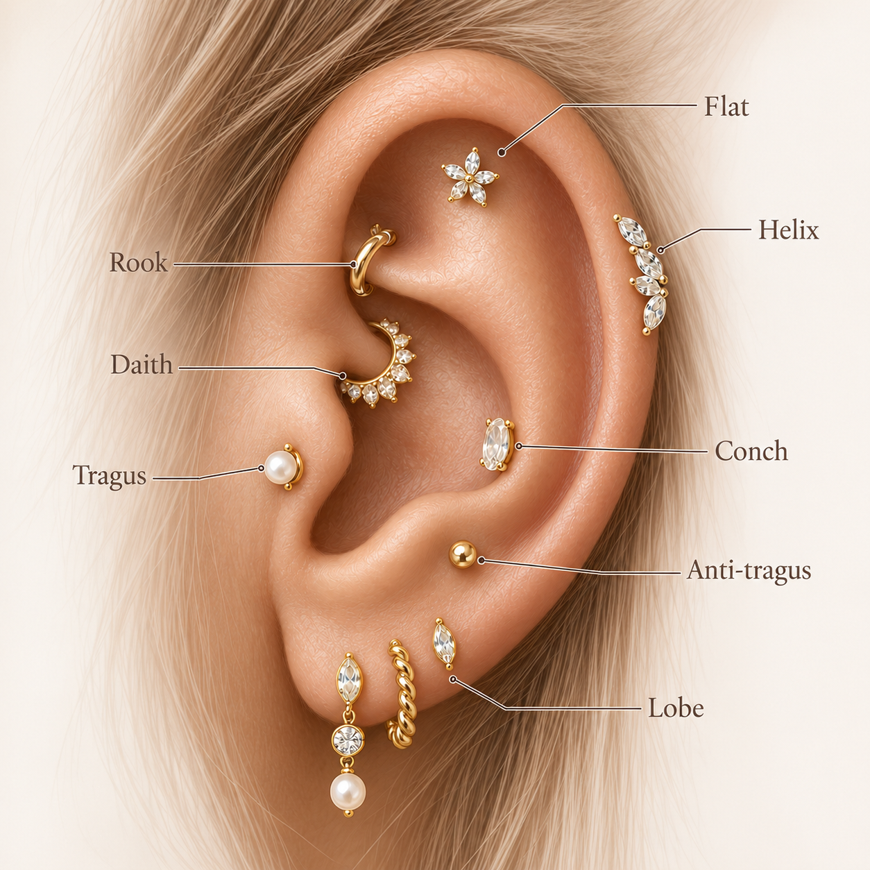 Umístění piercingů v uchu – helix, tragus, conch a lalůček