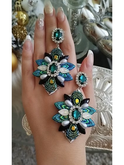 Strieborné čierno zelené pávie náušnice