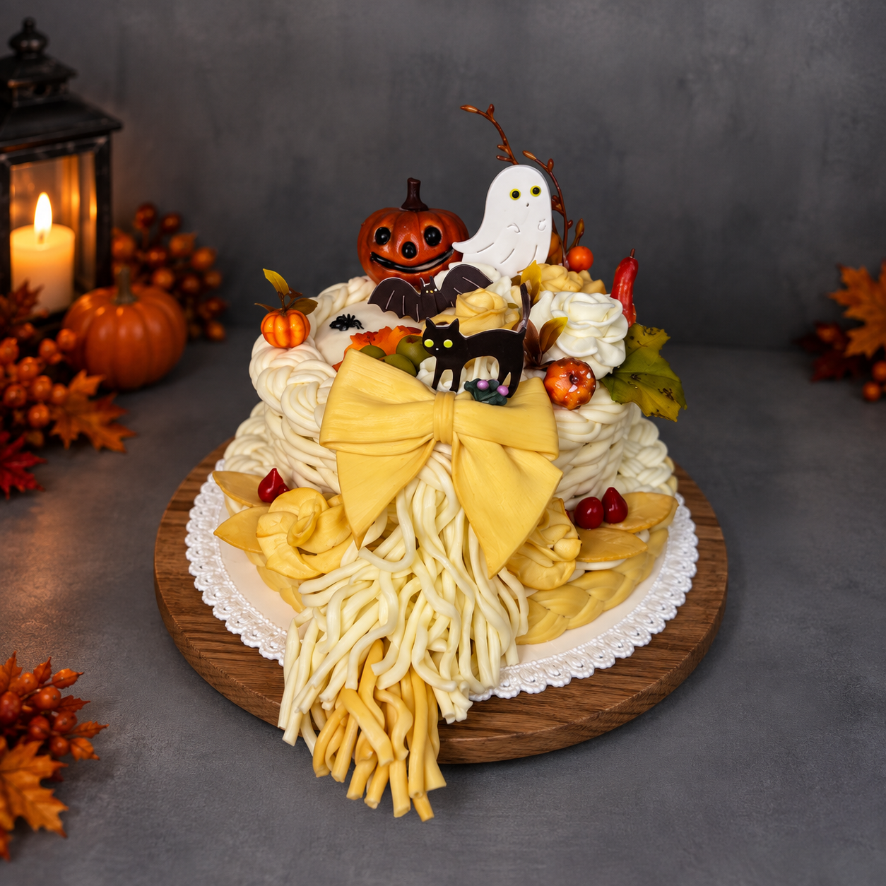 Halloweenska syrová torta s mašľou, tekvičkami a jesennou výzdobou