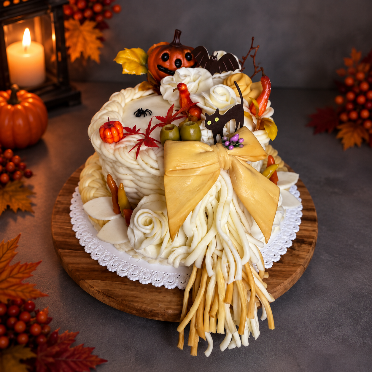 Jesenná halloweenska syrová torta s pletenými detailmi, ružičkami a mašľou