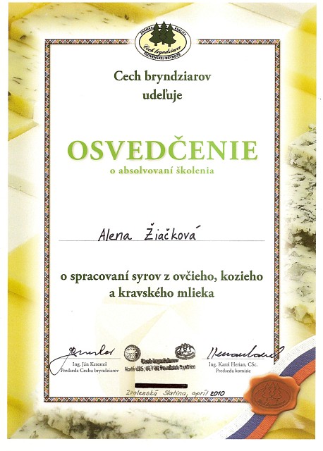 Osvedčenie Aleny Žiačkovej o spracovaní syrov