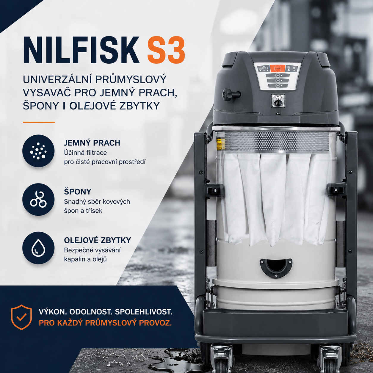 Nilfisk S3 – univerzální průmyslový vysavač pro jemný prach, špony i olejové zbytky