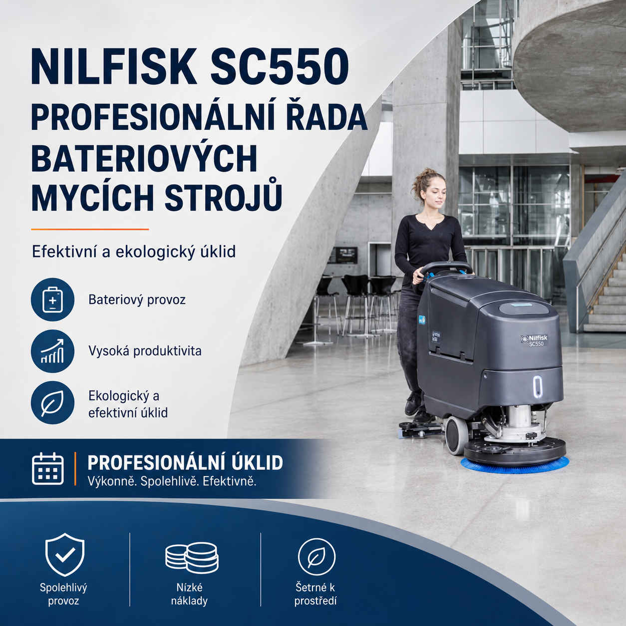 Nilfisk SC550 – Profesionální bateriové mycí stroje pro každodenní úklid