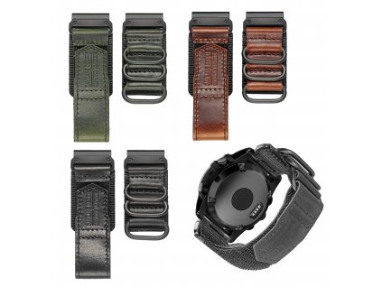 DAVILANE 26mm prošívaný černý hnědý kožený nylonový řemínek Garmin Fenix Tactix QuickFit (Barva Zelená)