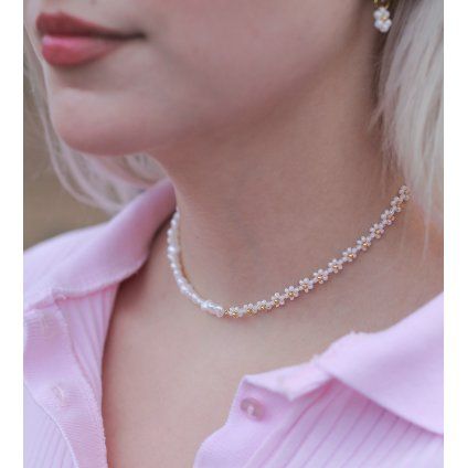 Choker - ,,Sofia" perlový, zlaté detaily