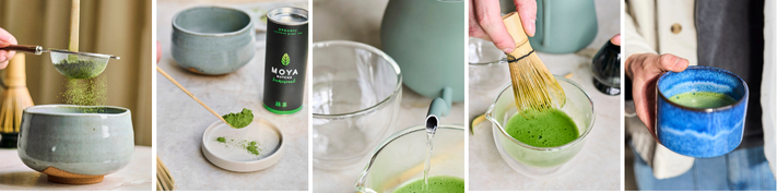 Příprava matcha: přes sítko přesypeme matcha, naypeme do chawanu, zalijeme 70-80°C vodou, rozmýcháme pomocí chashaku a podáváme.