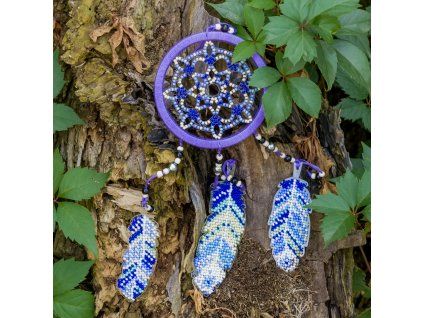 Vyšívací sada lapač snů s korálky a peřím modrá noc