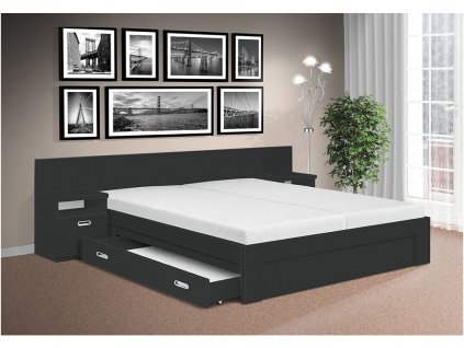 Bett SIMON mit Nachttischen und Schubladen anthrazit offen