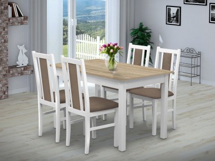 Essgruppe für 4 Personen mit Tisch 140x80 cm und Stühlen. In den Farben Weiß/Sonoma-Eichenbrett, Cappuccino Stühle