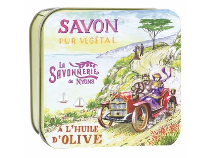 Francouzské tuhé mýdlo 100g v plechové dóze – Levandule, Projížďka autem, La Savonnerie de Nyons
