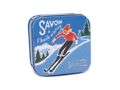 Francouzské tuhé mýdlo 100g v plechové dóze – Protěž alpská, Lyžování na sjezdovce, La Savonnerie de Nyons