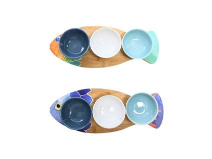 Sada 3 keramických misek Sea s bambusovým prkénkem ryba 38,5 × 15 × 6 cm, Mercury