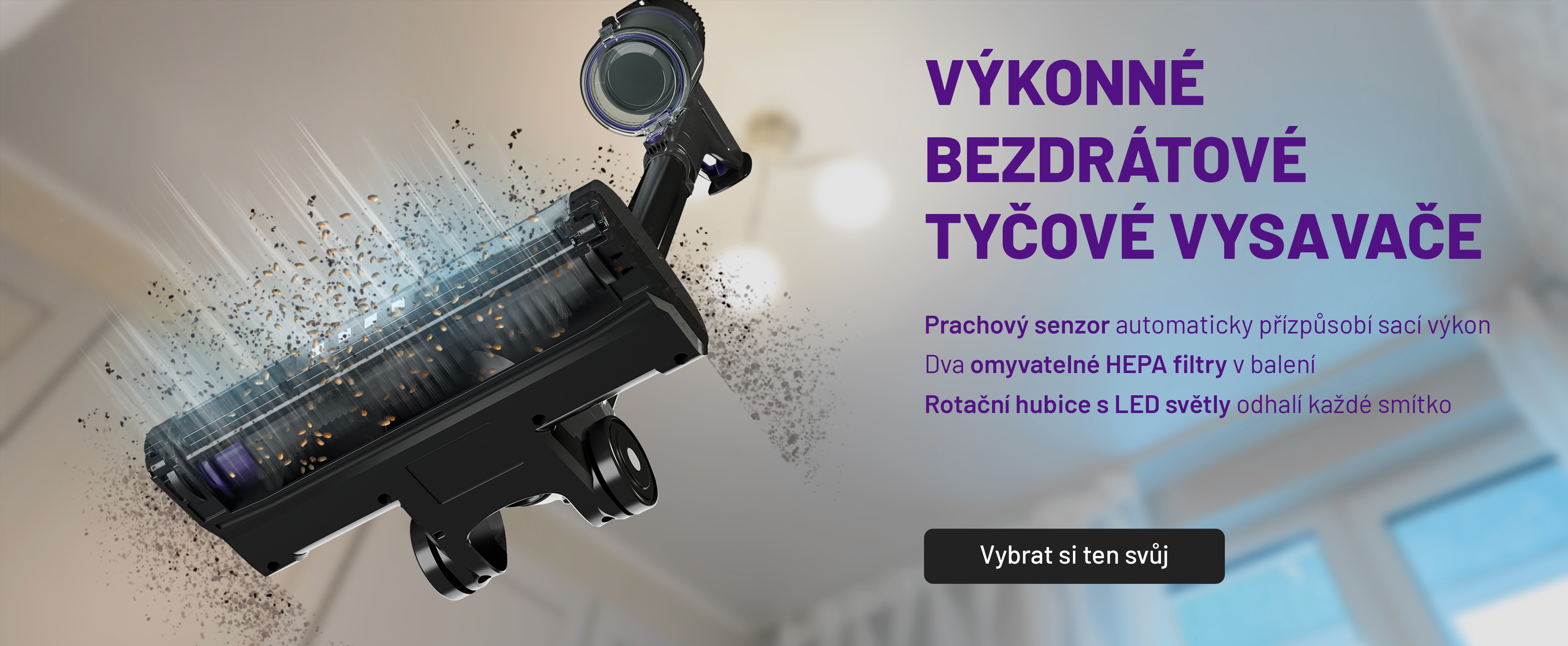 Noaton výkonné bezdrátové tyčové vysavače - s prachovým senzorem, omyvatelnými HEPA filtry (2 v balení) a rotační hubicí s LED světly