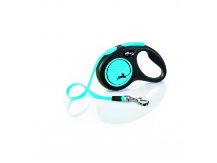 Samonavíjacie vodítko pre psy do 15kg s páskou Flexi New Neon S o dĺžke 5m s neónovo-modrými prvkami