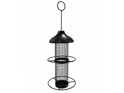 Kvalitný kovový krmný stĺp pre voľne žijúce vtáky na sypké krmivo Nobby čierna s krúžkami na sedenie
