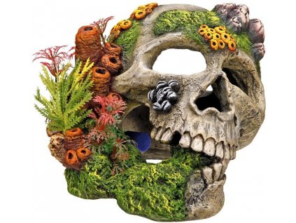 Vzduchovacia kvalitná dekorácia do všetkých typov akvárií Nobby Skull - Lebka s rastlinami 19,5cm
